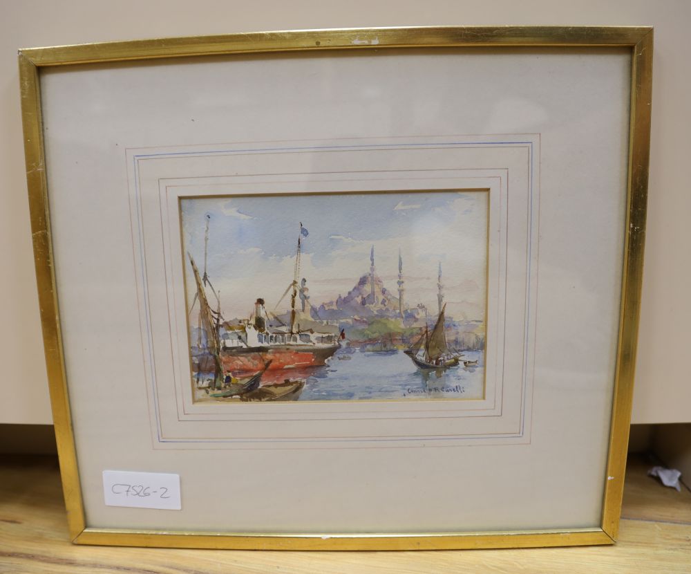 Conrad H. R. Carellli (Italian 1869-1956), watercolour, A view on the Bosphorus, signed, 12 x 17.5cm